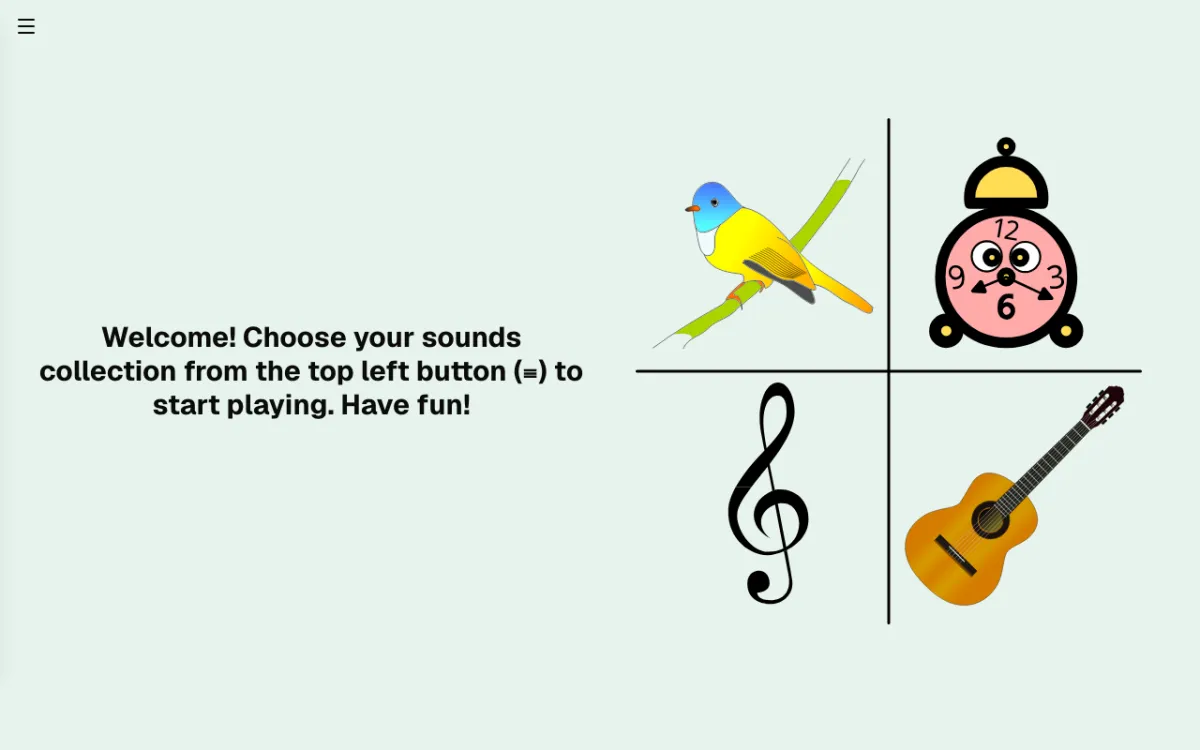 Startbildschirm von Musical Tables: eine Begrüßung neben Bildern eines Vogels, eines Weckers, eines Violinschlüssels und einer Gitarre