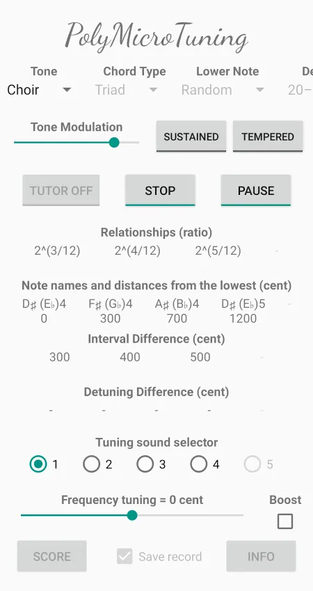 PolyMicroTuning chord settings: timbre, chord type, lowest note, interval ratios and distances in cents