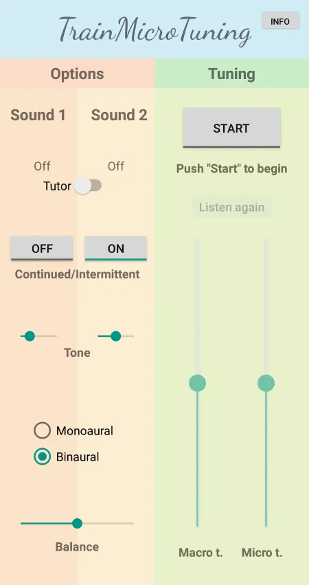 TrainMicroTuning main screen with options for the two sounds on the left and the coarse and fine tuning sliders on the right