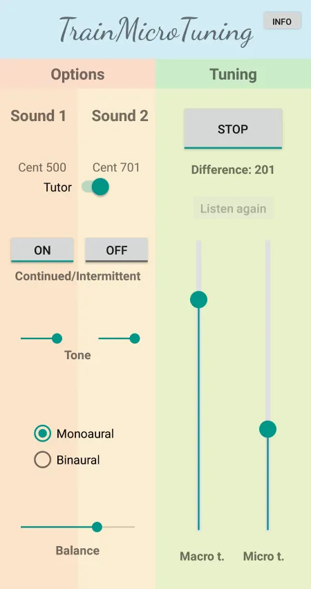 TrainMicroTuning with the tutor mode on, showing the two pitches in cents and their difference